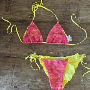 Rare vintage y2k Pink Lace made in USA Beach Bunny Bikini  XL